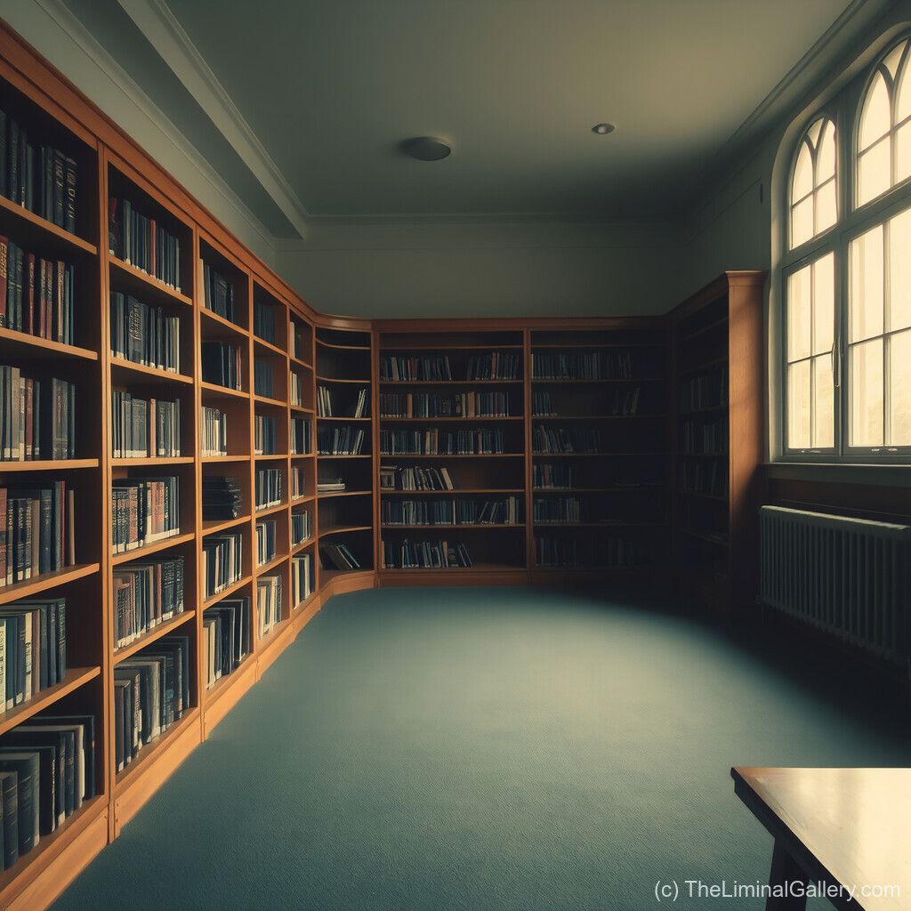 A surreal library emanating forgotten knowledge and quiet secrets, symbolizing mystery and discovery.